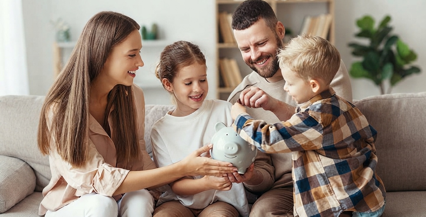 Père expliquant un relevé d'épargne à son enfant à la maison autour de la table familiale