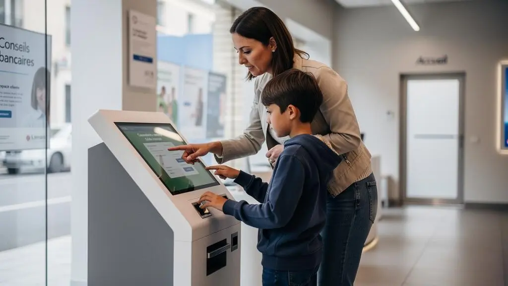 Mère guidant son enfant pré-adolescent devant une borne bancaire en libre-service