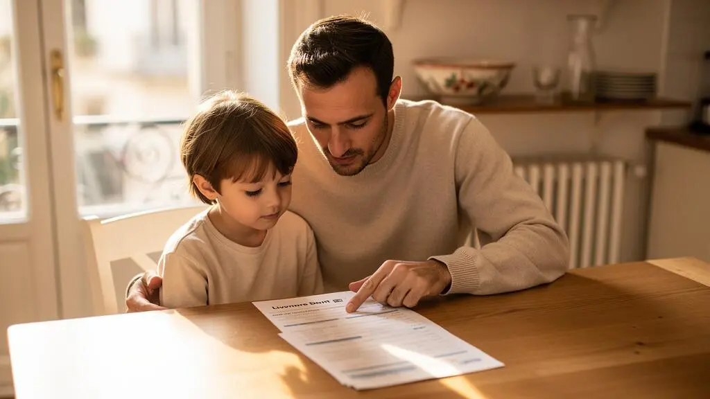 Père expliquant un relevé d'épargne à son enfant à la maison autour de la table familiale