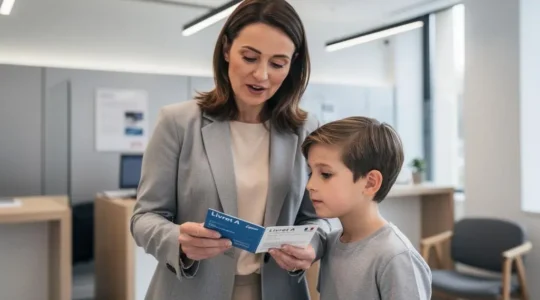 Parent montrant un livret d'épargne à son enfant dans une agence bancaire